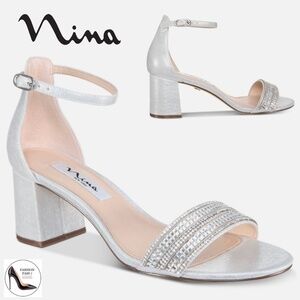 Nina Elenora Silver Evening Block-Heel Sandals Pumps Heeled Dress Shoes